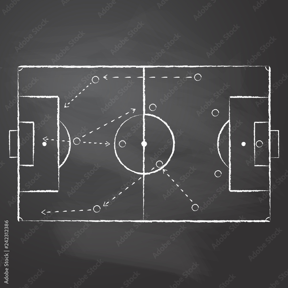 Fototapeta premium Drawn with chalk the football pitch markup and tactical scheme with one team players and strategy arrows on black rubbed chalkboard. Vector illustration of a soccer game tactical scheme