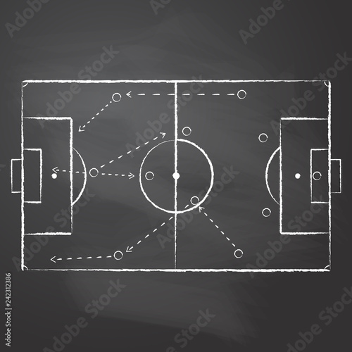 Drawn with chalk the football pitch markup and tactical scheme with one team players and strategy arrows on black rubbed chalkboard. Vector illustration of a soccer game tactical scheme
