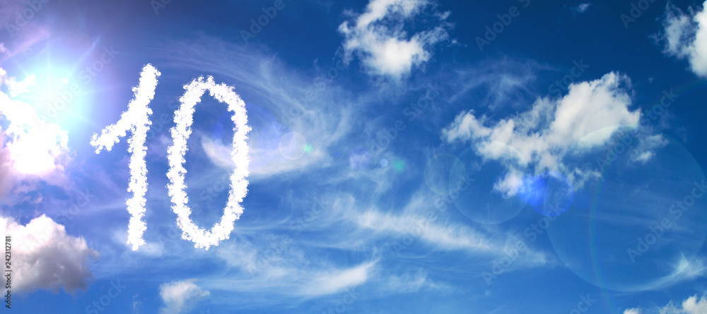 Painted with clouds on a blue background with a flare of sun and white clouds number 10