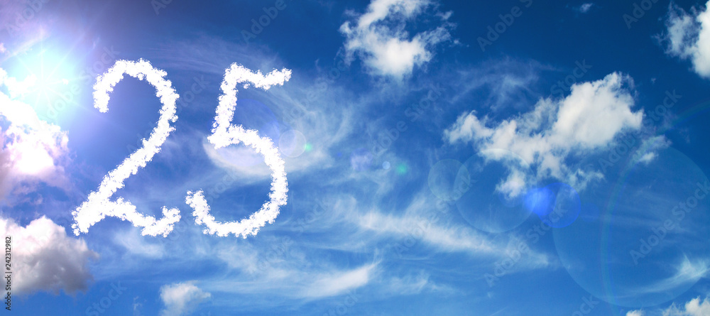 Painted with clouds on a blue background with a flare of sun and white clouds number 25