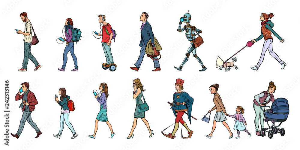 Φωτογραφία Set collection of pedestrians people walk. Women men robot dog.