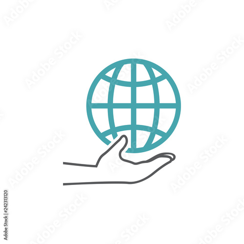 Vector illustration the globe on the man's hand. Set of vector symbols. The whole world in your hands. Flat design Monochrome