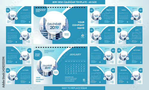 Desk Calendar 2019 template - 12 months included - A5 Size