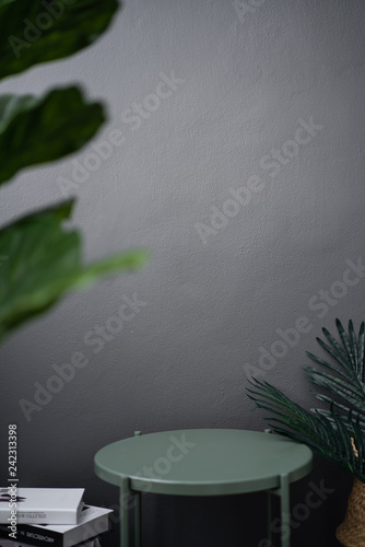 Fototapeta Naklejka Na Ścianę i Meble -  Empty scene with green metal side table in artificial plants and stack books scene on gray painted wall background for advertising / object isolation / interior design scene