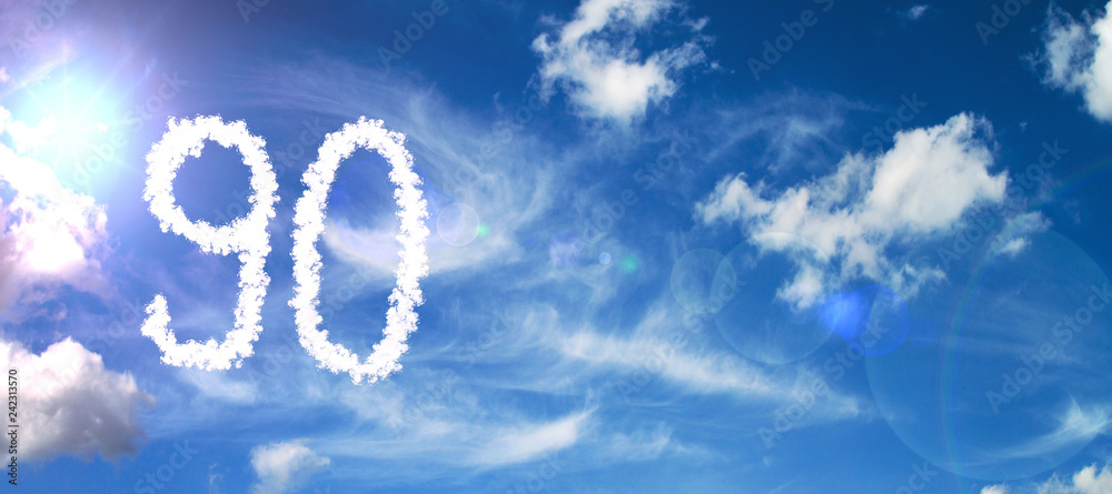 Painted with clouds on a blue background with a flare of sun and white clouds number 90
