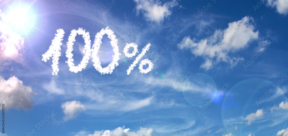 Painted with clouds on a blue background with a flare of sun and white clouds number 100 percent