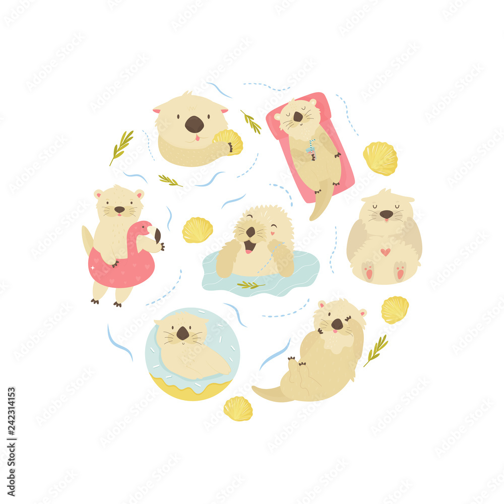 Obraz premium Set of cute swimming otters. Baby Print design