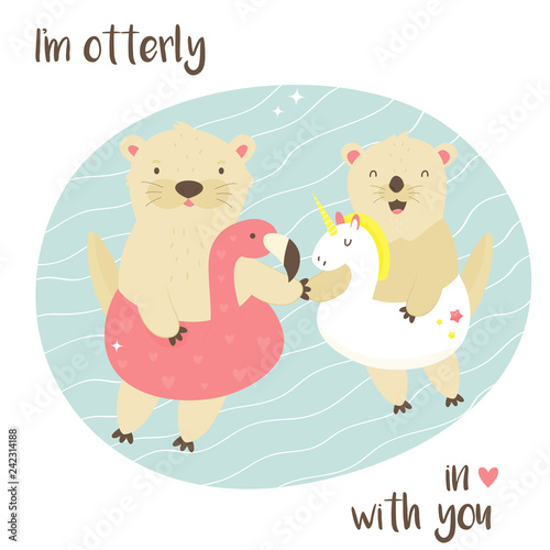 Cute otters in love swimming in a pool