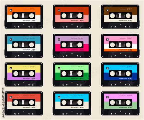 Pattern with old audio cassettes colorful background