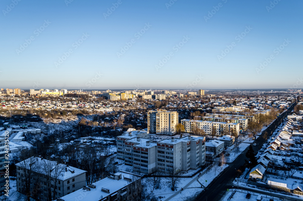Panorama of a winter city in Russia. Small town in Russia in winter