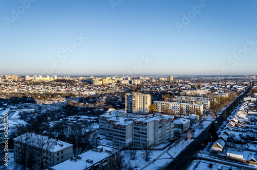 Panorama of a winter city in Russia. Small town in Russia in winter