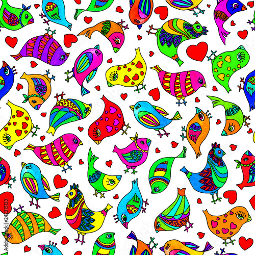 Seamless pattern. Colorful abstract birds. Watercolor illustration. The pattern is for wallpapers, textiles, pillows, wrapping paper.