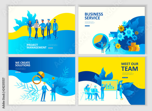 Set Landing page template people business service app, team work, research and project management, cooming soon start up and solution. Vector illustration concept website mobile development