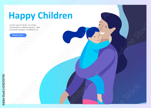 Landing page templates happy family, travel and psychotherapy, family health care, goods entertainment for mother father and their children. Parents with daughter and son have fun togethers