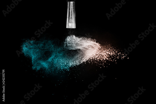 Deep ocean and Living Coral Color of the year 2019  powder splash for makeup artist or graphic design in black background