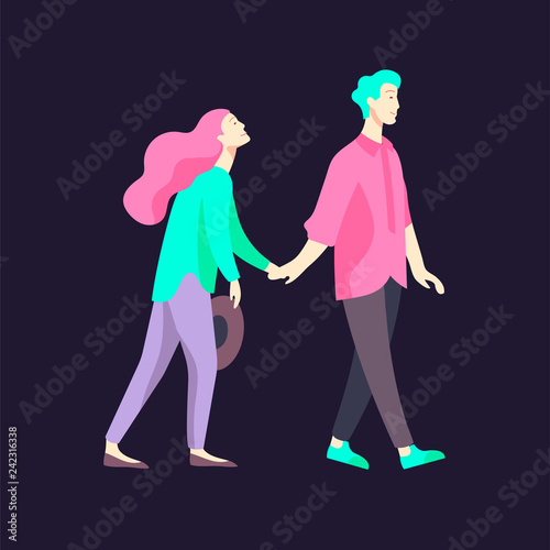 Vector people character walking on the street in autumn or winter clothes, friends and couples. Colorful Group of male and female flat cartoon characters