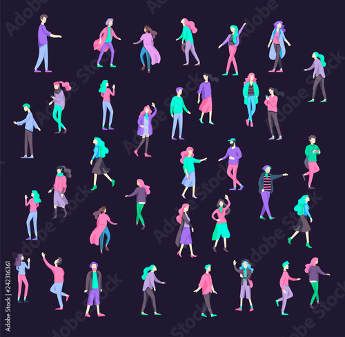 Vector people character walking on the street in autumn or winter clothes, friends and couples. Colorful Group of male and female flat cartoon characters