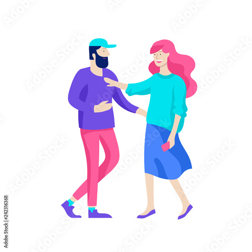 Vector people character walking on the street in autumn or winter clothes, friends and couples. Colorful Group of male and female flat cartoon characters