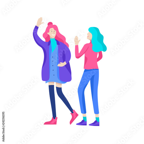 Vector people character walking on the street in autumn or winter clothes, friends and couples. Colorful Group of male and female flat cartoon characters