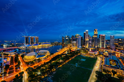 Aerial view of the Singapore landmark financial business district at twilight sunset scene with skyscraper and beautiful sky. Singapore downtown