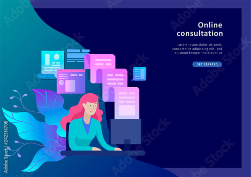 Concept Landing page template customer service, male hotline operator advises client, online global technical support, customer and operator