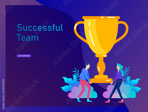 Business Team Success hold Golden winner cup, concept of people are happy with victory. Office Workers Celebrating with Big Trophy, ways goals, first place in business, financial growth. Landing page