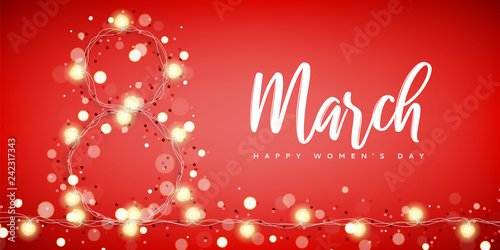 Happy Women's Day banner. Vector illustration with top view on glowing garland with hearts on red background. Holiday illuminated frame made from garland in the shape 8 number. Holiday greeting card.