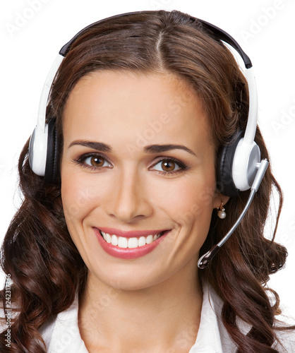 Support phone operator in headset, isolated