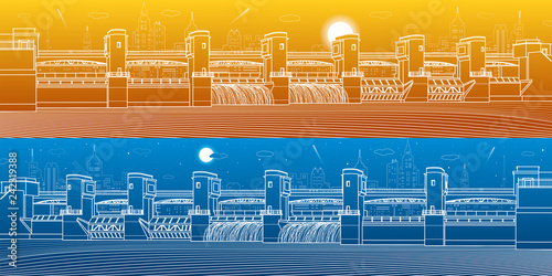 Hydro power plant. River Dam. Energy station. Water power. City infrastructure industrial illustration panoramic. White lines on blue and orange background. Vector design art