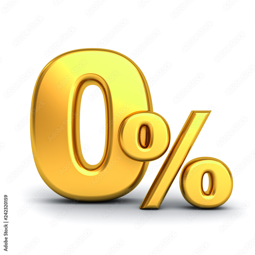 Gold zero percent or 0 % isolated over white background with shadow 3D rendering