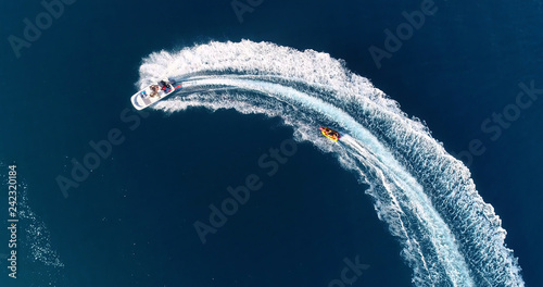 boat with banana in a lagoon in aerial view, Papeete French Polynesia