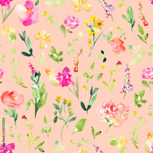 Spring Floral Field Pattern Background Wallpaper. Pink Spring Flowers Watercolor Pattern