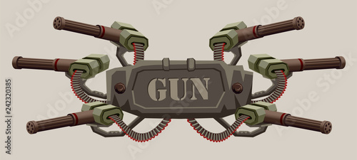 Mechanical military banner with space for text decorated with mashine guns and machine-gun belts.