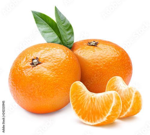 Ripe mandarines with leaves, isolated on white background