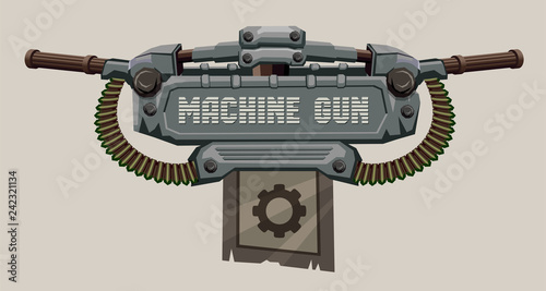 Mechanical military banner with space for text decorated with mashine guns and machine-gun belts.