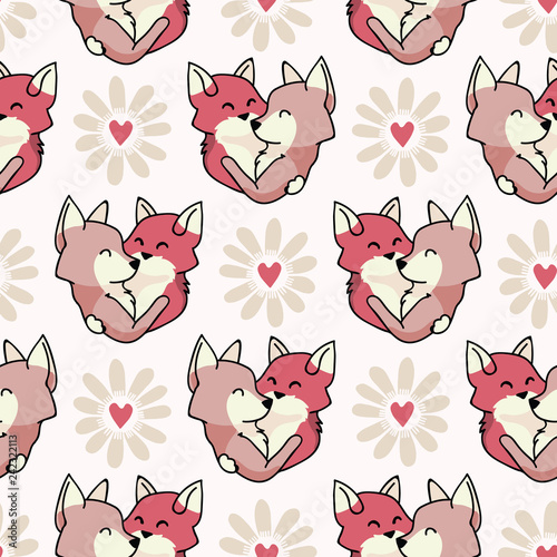 Vector cute fox hug hearts. Seamless repeat pattern. Hand drawn 2 foxy animals hugging inside love heart for romantic valentines day, wedding or pet anniversary background. Free hug concept.