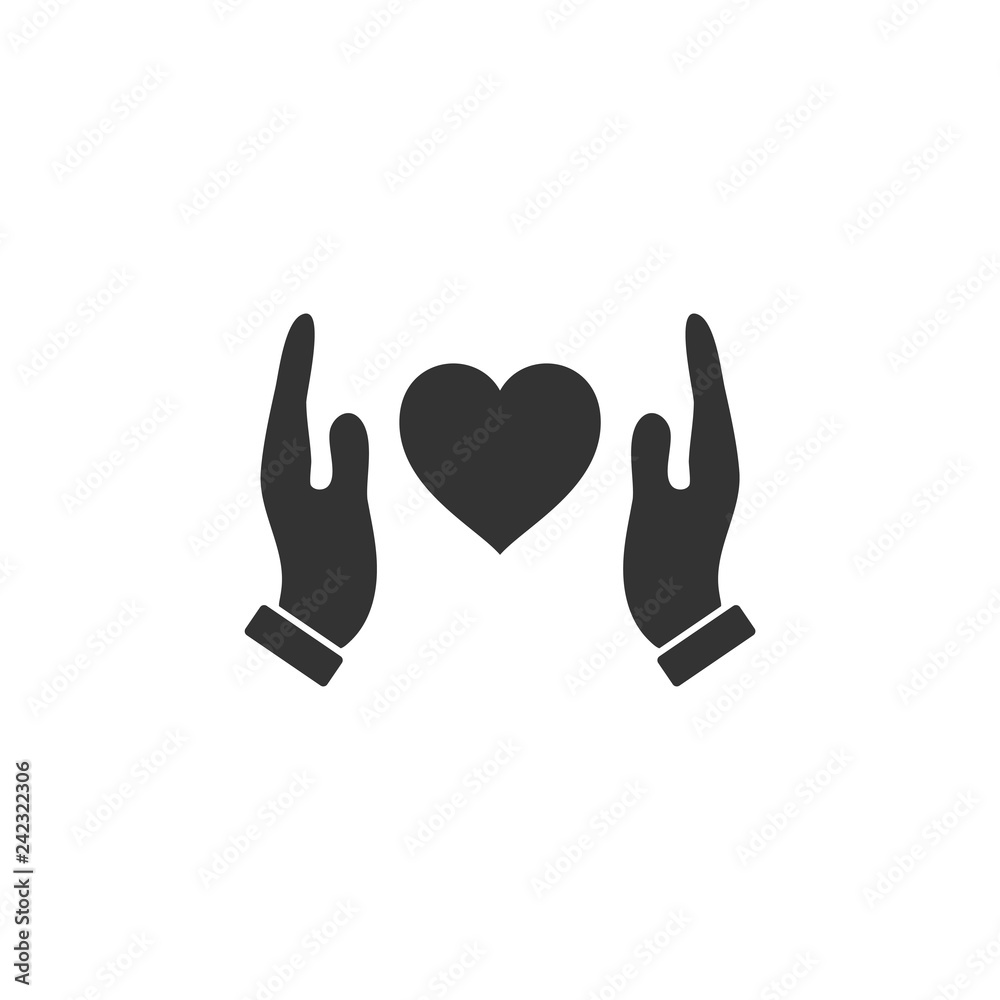 Human hands holding and protect heart icon flat Human hands holding and protect heart icon flat