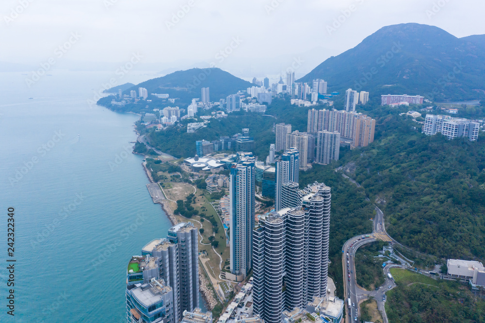Fototapeta premium Aerial Shot From Flying Drone of cyberport in hong kong island
