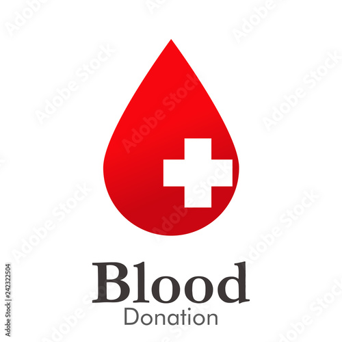 Logotipo abstracto con texto Blood Donation con gota color rojo con cruz en espacio negativo