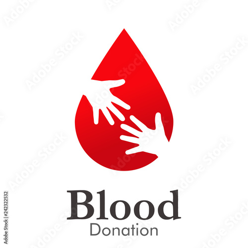 Logotipo abstracto con texto Blood Donation con gota color rojo con dos manos en espacio negativo