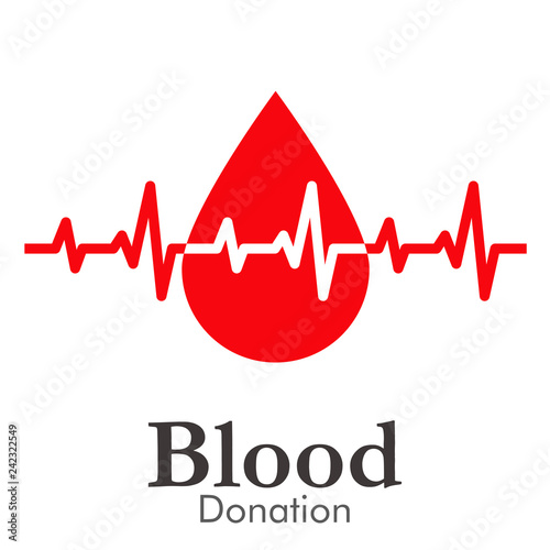 Logotipo abstracto con texto Blood Donation con gota color rojo con latido en espacio negativo
