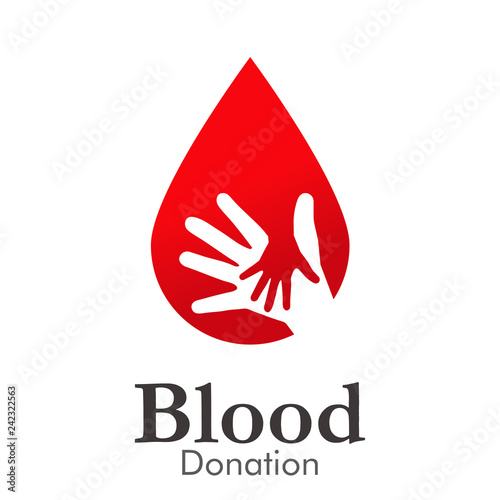 Logotipo abstracto con texto Blood Donation con gota color rojo con manos en espacio negativo