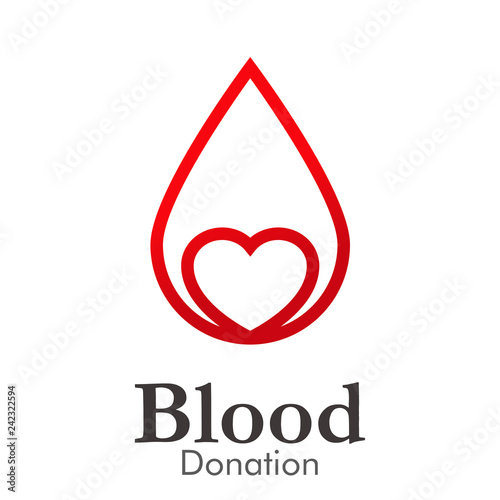 Logotipo con texto Blood Donation con gota con corazón lineal en color rojo