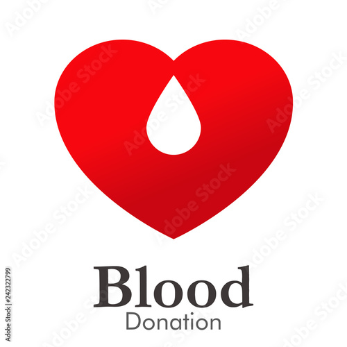 Logotipo con texto Blood Donation con corazon color rojo con gota en espacio negativo