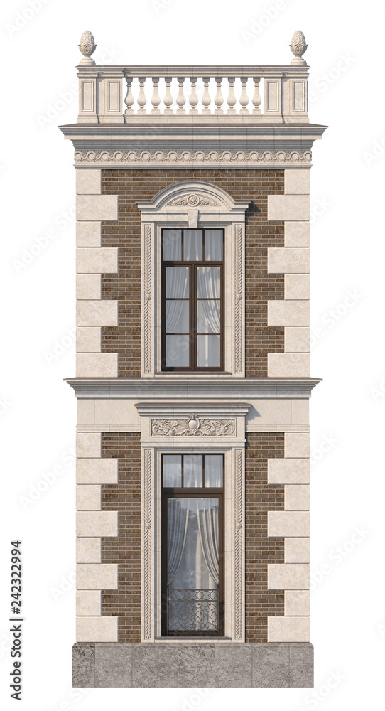 Brick facade of a classic-style house with windows. 3d rendering. Brick facade of a classic-style house with windows. 3d rendering.
