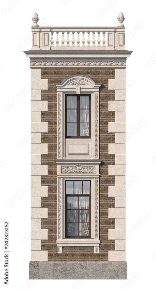 Brick facade of a classic-style house with windows. 3d rendering. Brick facade of a classic-style house with windows. 3d rendering.