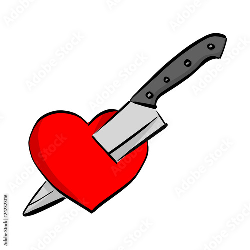knife stab red heart shape vector illustration sketch doodle hand drawn with black lines isolated on white background