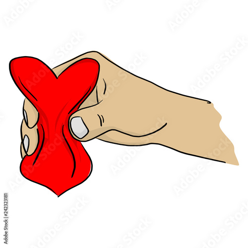 close-up hand squeezing red heart shape vector illustration sketch doodle hand drawn with black lines isolated on white background