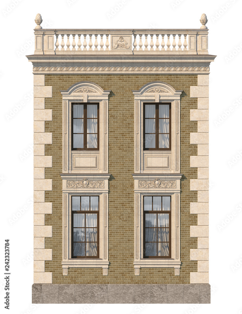 Fototapeta premium Brick facade of a classic-style house with windows. 3d rendering.