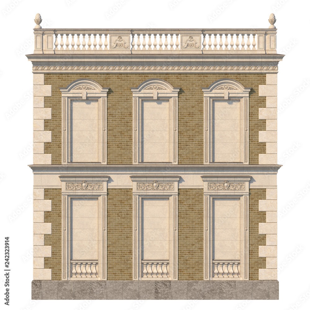 Fototapeta premium Brick facade of a classic-style house with niches in light colors. 3d rendering.